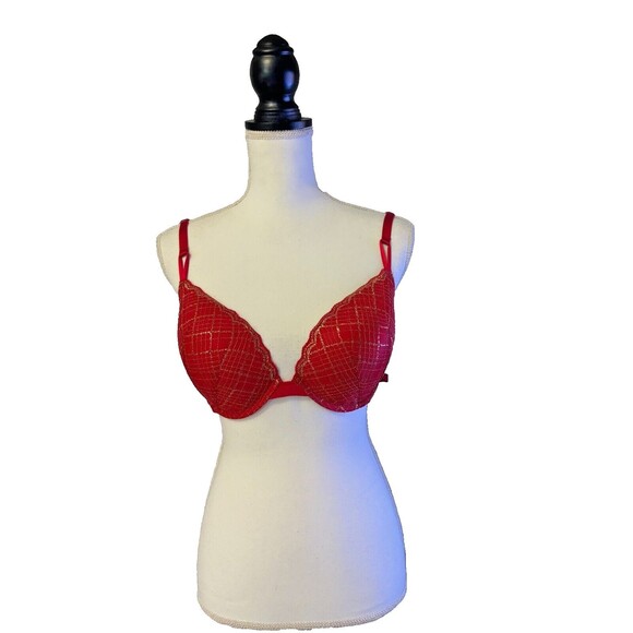 Victoria's Secret red plaid w/sparkly gold accent push up bra size 38C pre-loved - Picture 3 of 9